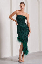 Bottle Green Sequin Asymmetric Bandeau Maxi Dress With Feathers